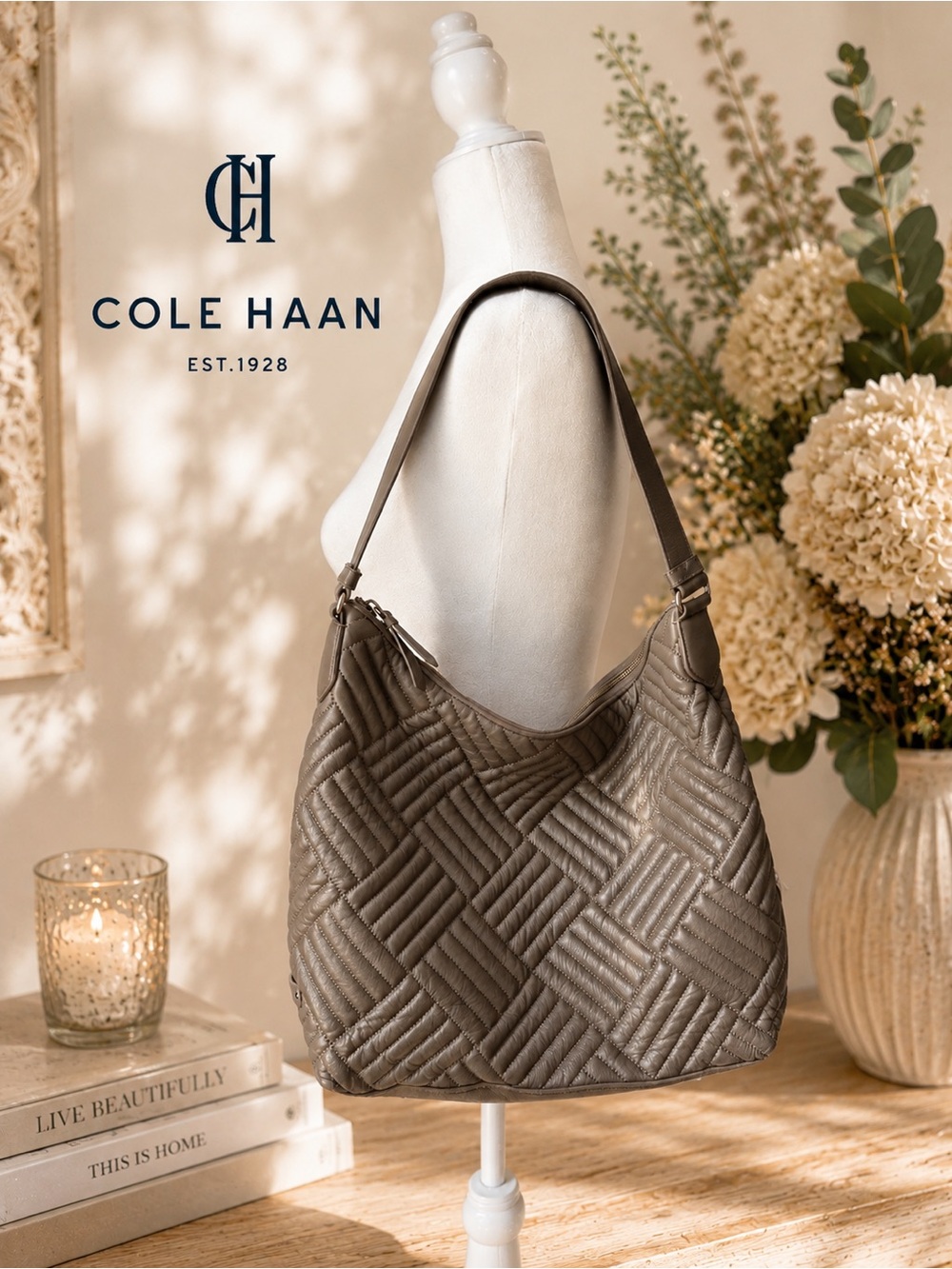 Cole Haan Quilt Avery II Leather Hobo Shoulder Bag in Taupe
